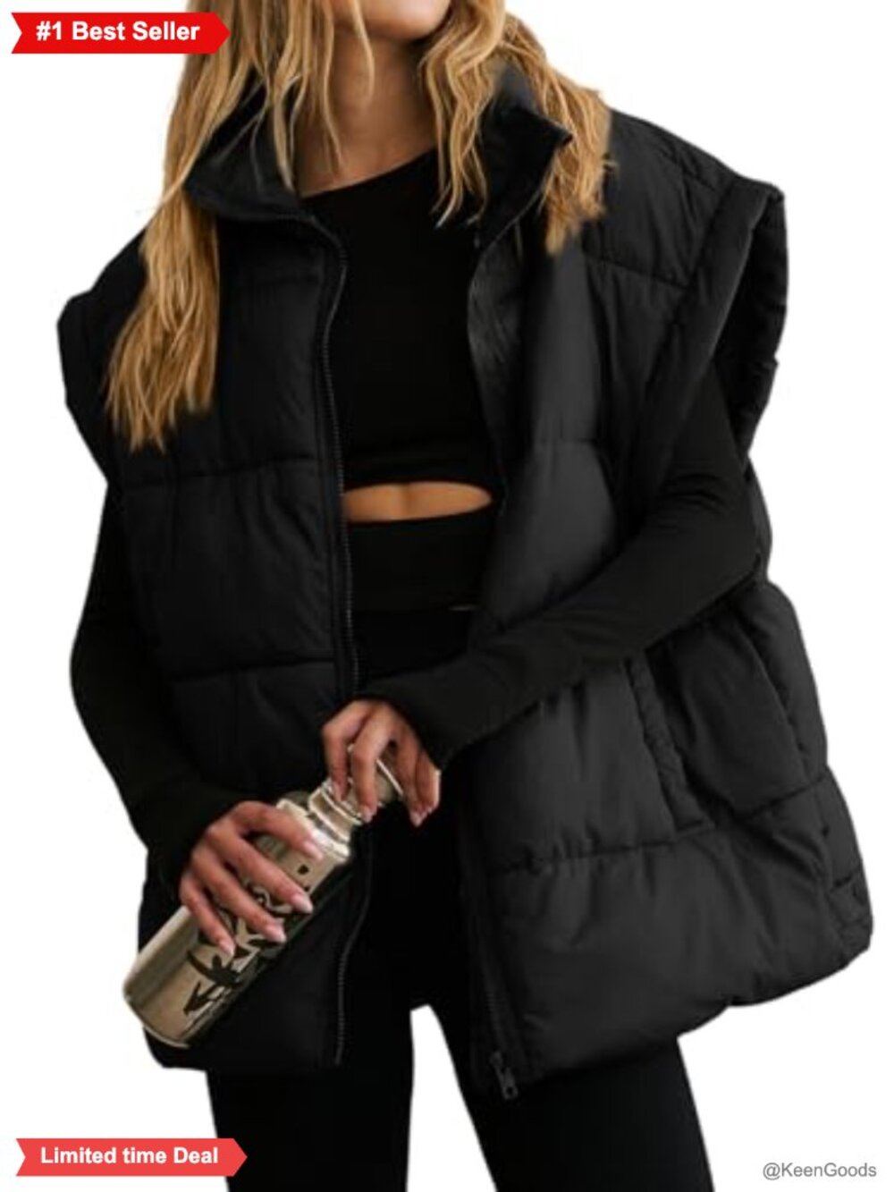Womens Oversized Quilted Puffer Vest Zip Up Sleeveless Padded Coat